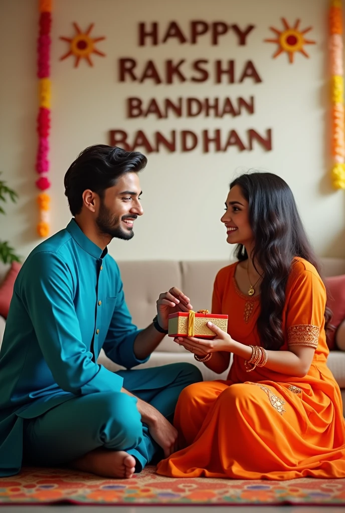 Raksha bandhan photo
A real 30 year old Cute boy and 20 years girl are sitting face to 2ace on a colorful mat in the home lobby, the boy has extended one of his hands forward, And Girl tying Rakhi on brother's hand. boy is wearing a Blue colored kurta And the girl is wearing a Orange Lehanga, boy has a gift box in his other hand, is smiling, boy has applied tilak on his forehead, and on the wall in bold letters "HAPPY RAKSHA BANDHAN" and also "King kamat & Pratibha " It is written, 4k image