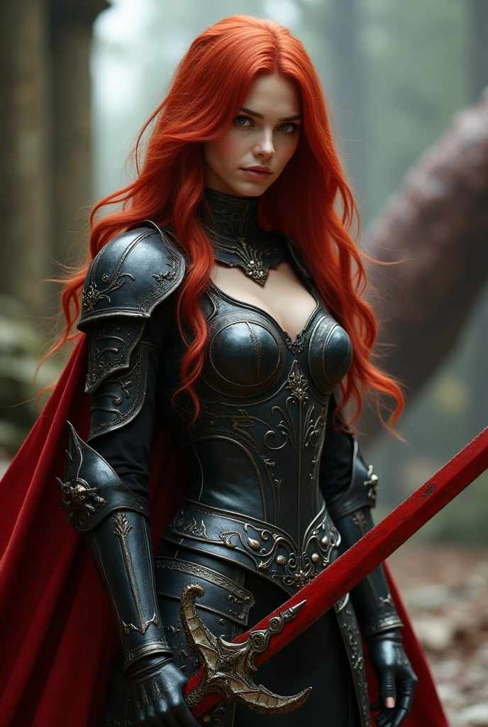 photorealistic image of a woman, ultrarealistic, photography, long red hair, woman, 24 years old, hourglass figure, perfect body, Flirty look, natural medium breasts, black metal armor, big red claymore sword on her back, fighting againt a dragon (Maia:1)