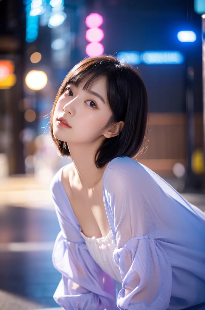 A beautiful Japanese girl is depicted。She has short black hair、Big eyes are characteristic.。The background is a fantastic color scheme based on pink and blue.、Floating spheres are placed throughout、It creates a futuristic and dreamy atmosphere.。
The beautiful girl is wearing a top made of thin, semi-transparent fabric.、The delicate sheen is reflected on the costume.。Posing with one hand on the floor、With your body leaning slightly backwards、Relaxed but looking straight into the camera、It emphasizes her presence。
As a photographic technique、It was shot in portrait mode.、By skillfully using light reflection and background bokeh effects,、It gives depth and dimension.。The overall use of soft light、Colorful bokeh in the background blends in、It beautifully expresses the ultra-realistic, live-action fantasy world.。