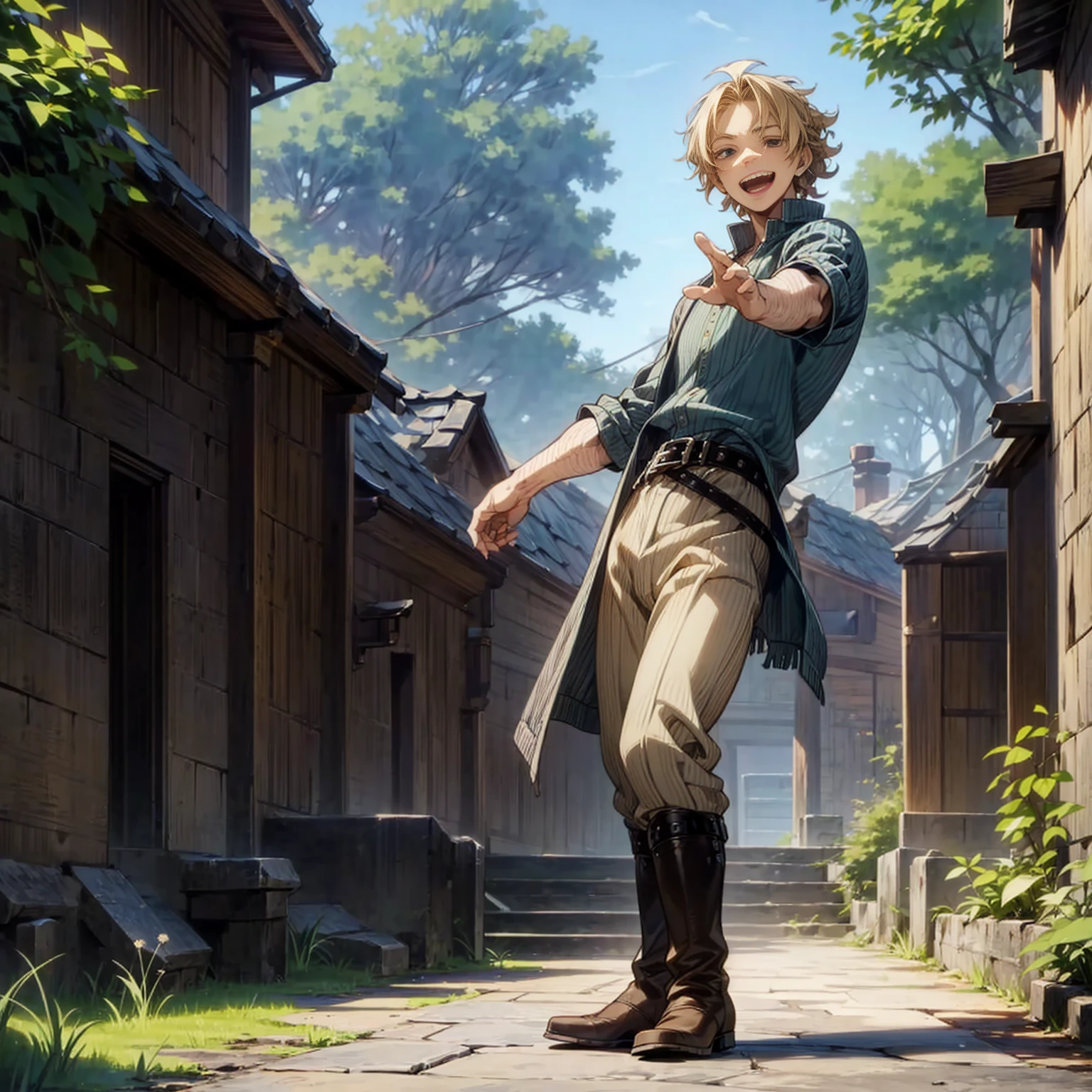 Solo character, full body version, young man, black eyes, blonde colour hair, short curly, casual clothing, belt, boots, outdoor, park, village, medieval, morning, standing gesture, detailed background, detailed clothing, detailed hair, happy, open mouth 