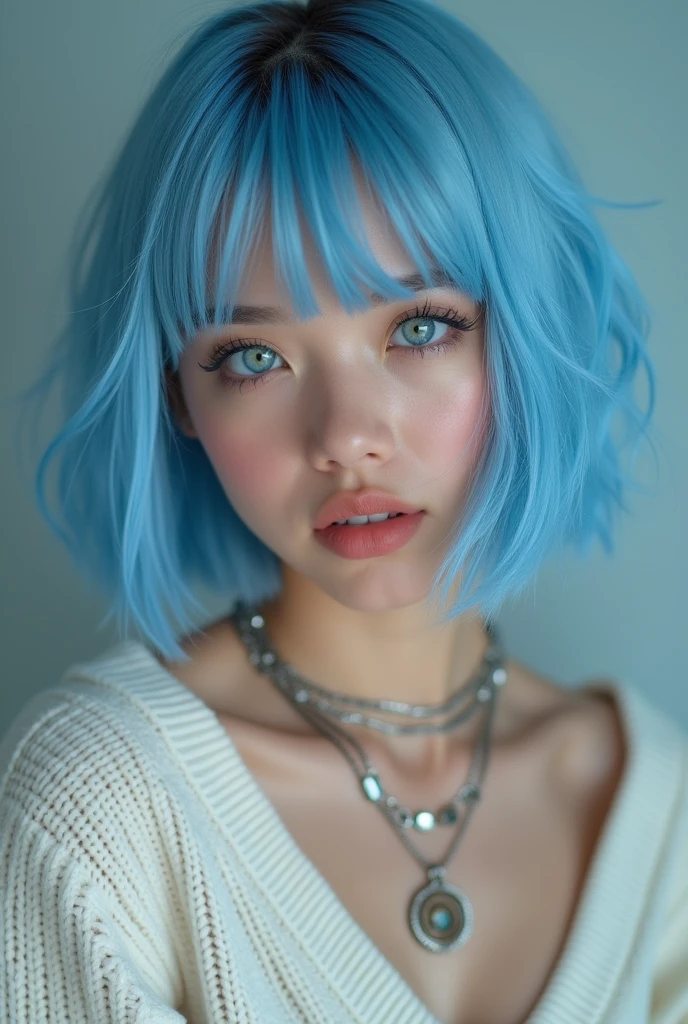 (Best quality, 8k, 32k, Masterpiece, UHD:1.2),Photo of Pretty 18 american woman, large breasts, very short bob hair,upper body,face focus,(oversized_sweater,:1.1) necklace, background, looking at viewer, leaning forward, (((blue hair with sliver bangs))), (((vibrant light blue eyes))) (((award winning detail)) ((avatar makeup and popstar clothes)))