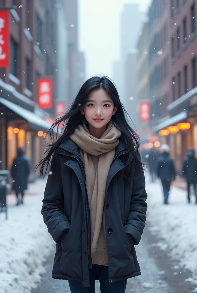 (morning), 1girl, solo, Looking at the audience, winter, cowboy shot, (downtown), cowboy shot, smile, black hair