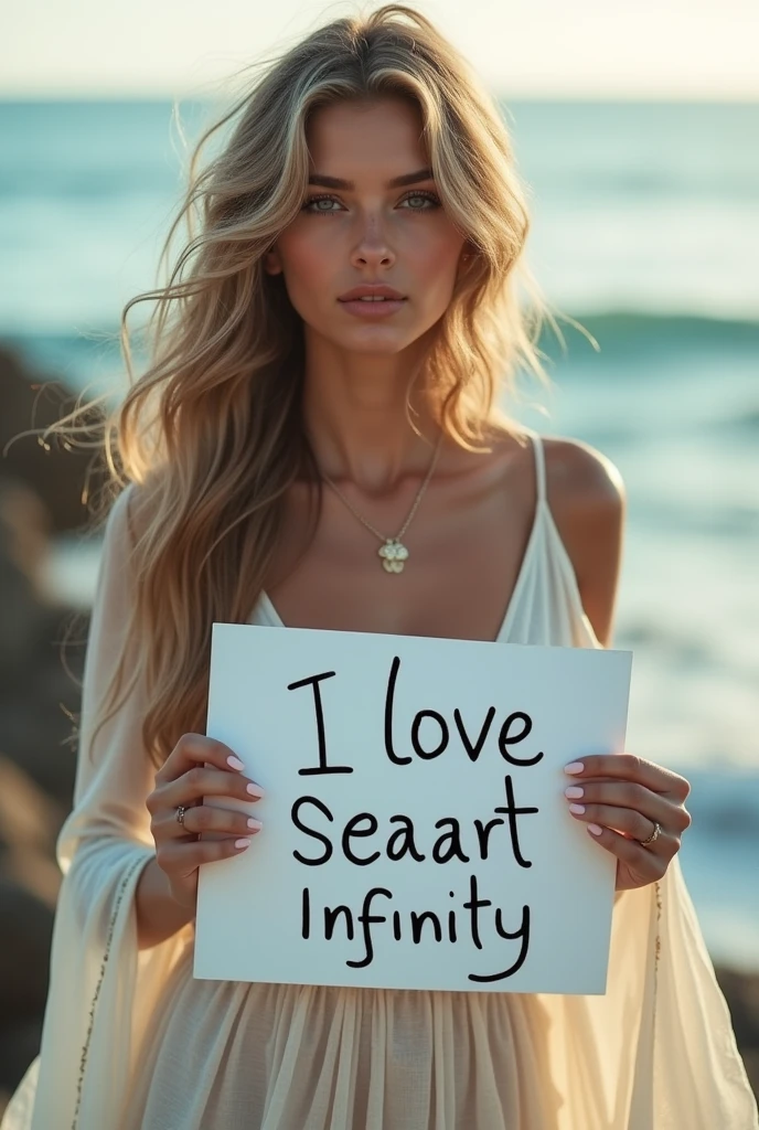 Beautiful girl with wavy long hair, bohemian dress, holding a white board with text "I Love Seaart Infinity" and showing it to the viewer