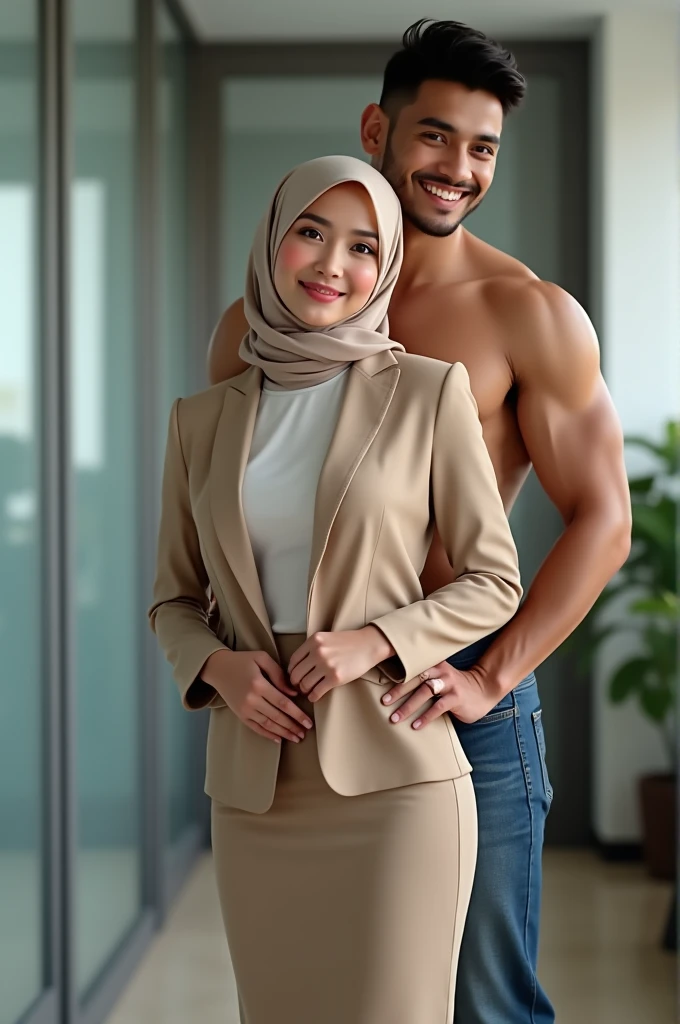 RAW, Best quality, high resolution, masterpiece: 1.3), beautiful Malay woman in hijab (iu:0.8),/(in a modern office/), 1lady solo, /(beige long pencil skirt jacket/) id card, blush on smile friendly, (best quality masterpiece: 1.2) very detailed, big breasts, big buttocks, from behind,(looking at the audience, looking back, facial details, double eyelids, smiling,the other is a young muscular man, he's in shorts and a T-shirt, the man standing directly behind her smiling, ((his hand is on her butt groping it)))