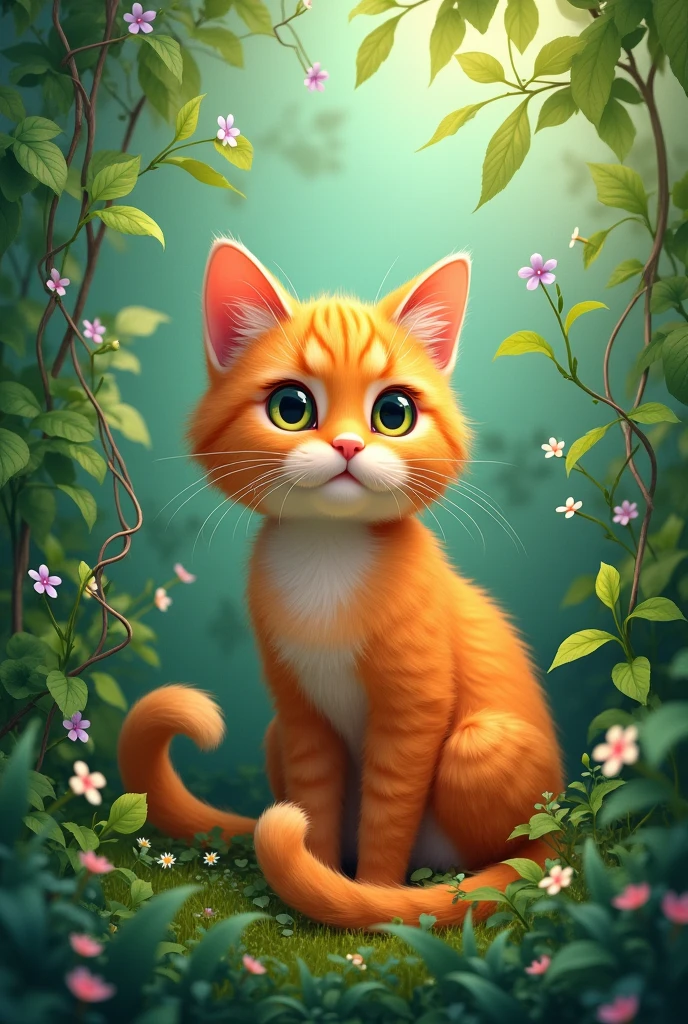 Create an orange cat surrounded by plants