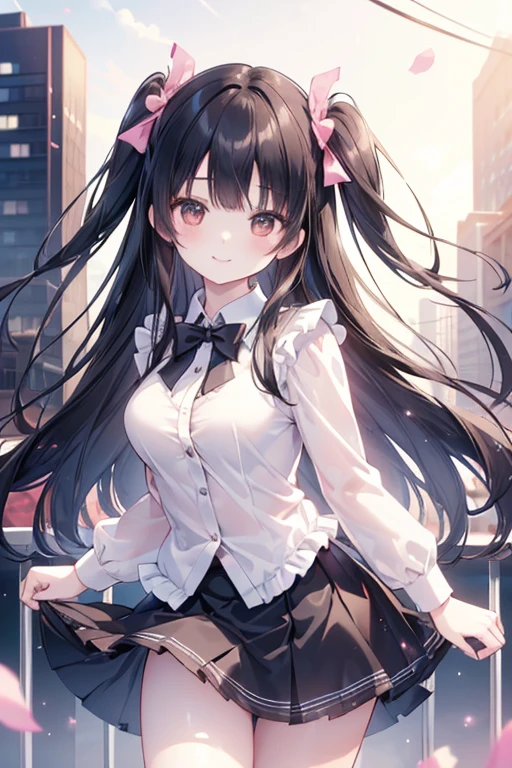 (8k、Best image quality、highest quality、masterpiece)、Detailed face、 1 girl、 fuyuko mayuzumi、black hair、brown eyes、long hair、two side up、smile、Moderate breasts、Pink frilly outfit、Black bow tie、((black miniskirt))、Cowboy Shot、City Background