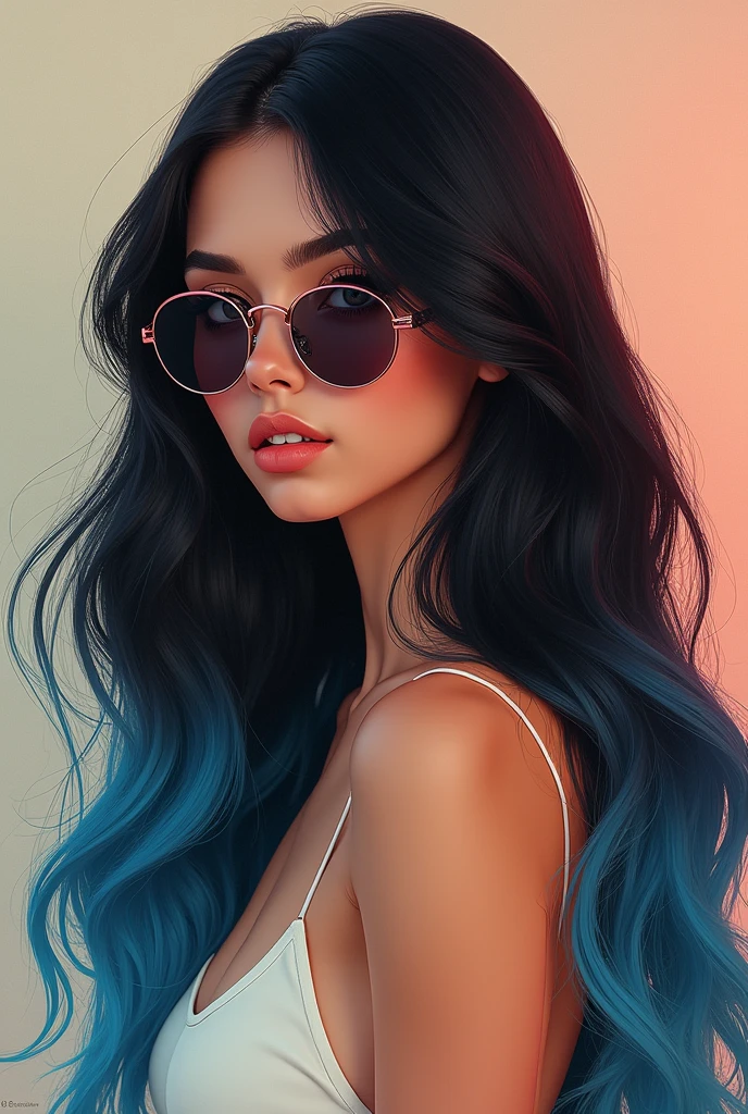 A retro-style vintage girl with long hair and a black to blue gradient wearing sunglasses