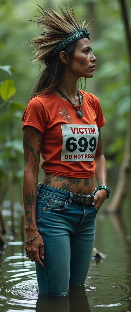 extremely detailed mature woman in tight flared jeans and t-shirt, sport small race bib "VICTIM 6969 DO NOT RESCUE", is victim of ritual, stuck in bog, fashion photoshoot posing, sexy posing, provocative photoshoot, headdress,traditional indigenous makeup. red, green, blue, side view