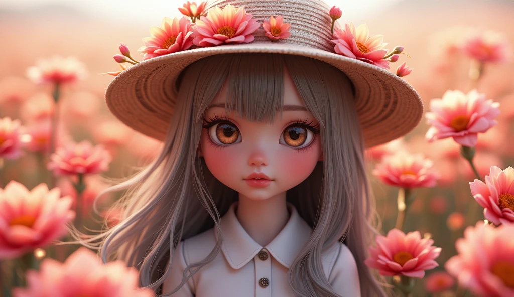OC Rendering,3d design, with long hair,Face towards camera,Central Composition,Flowers growing on the hat,Clear outline,Magnification of facial details,Hat detail zoom,Picture quality HD,Ultra-clear picture quality,Deep Depth of Field,The background is a sea of flowers