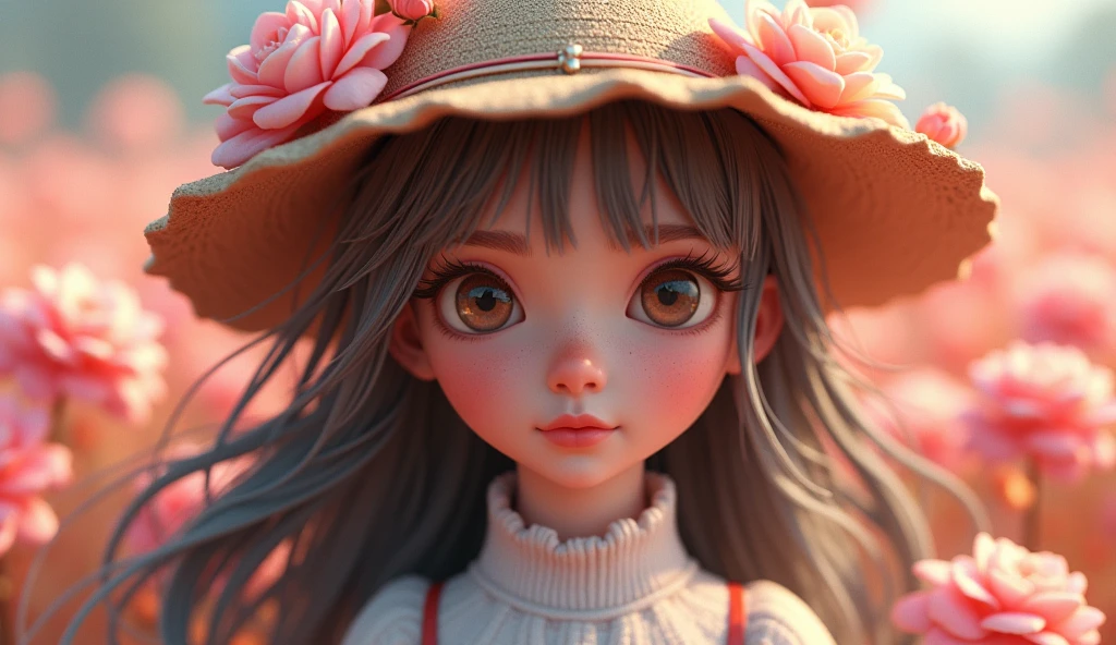 OC Rendering，3d design， with long hair，Face towards camera，Central Composition，Flowers growing on the hat，Clear outline，Magnification of facial details，Hat detail zoom，Picture quality HD，Ultra-clear picture quality，Deep Depth of Field，The background is a sea of flowers