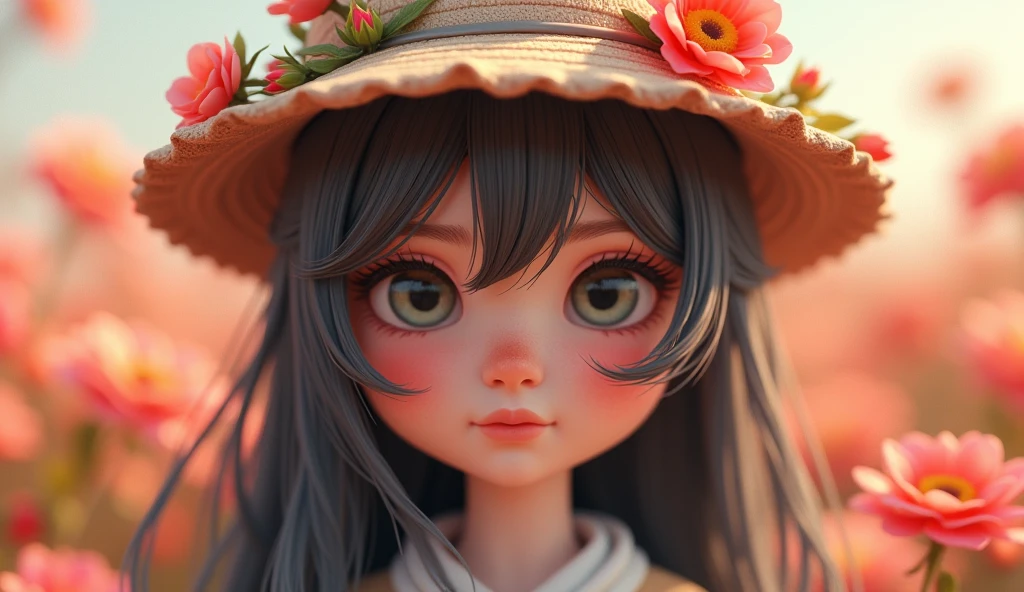 OC Rendering，3d design， with long hair，Face towards camera，Central Composition，Flowers growing on the hat，Clear outline，Magnification of facial details，Hat detail zoom，Picture quality HD，Ultra-clear picture quality，Deep Depth of Field，The background is a sea of flowers