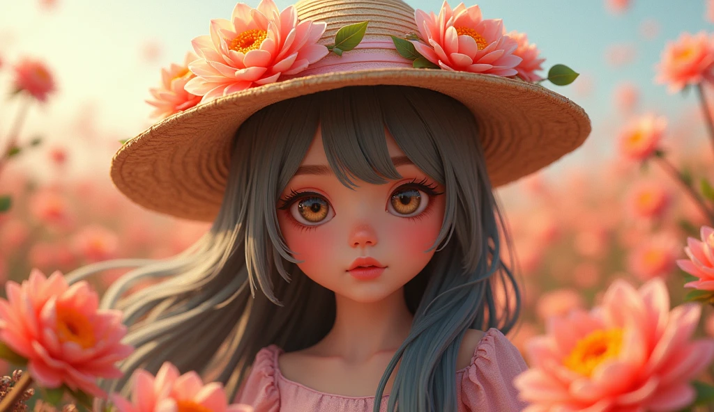 OC Rendering,3d design, with long hair,Face towards camera,Central Composition,Flowers growing on the hat,Clear outline,Magnification of facial details,Hat detail zoom,Picture quality HD,Ultra-clear picture quality,Deep Depth of Field,The background is a sea of flowers