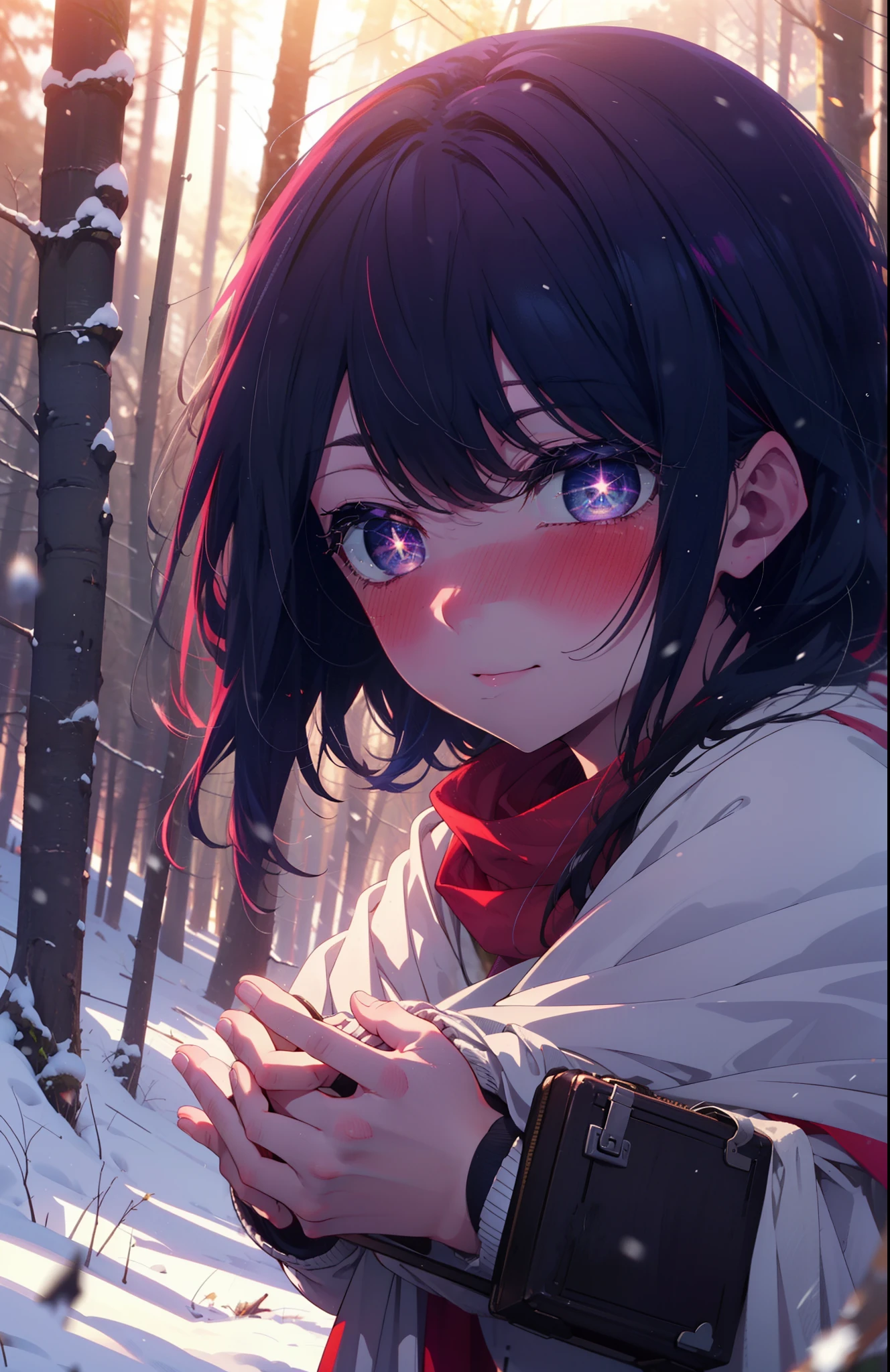 aihoshino, Ai Hoshino, Long Hair, bangs, (Purple eyes:1.1), Purple Hair, (Symbol-shaped pupil:1.5), smile,,smile,blush,white breath,
Open your mouth,snow,Ground bonfire, Outdoor, boots, snowing, From the side, wood, suitcase, Cape, Blurred, , forest, White handbag, nature, Squat, Mouth closed, Cape, winter, Written boundary depth, Black shoes, red Cape break looking at viewer, Upper Body, whole body, break Outdoor, forest, nature, break (masterpiece:1.2), Highest quality, High resolution, unity 8k wallpaper, (shape:0.8), (Beautiful and beautiful eyes:1.6), Highly detailed face, Perfect lighting, Highly detailed CG, (Perfect hands, Perfect Anatomy),