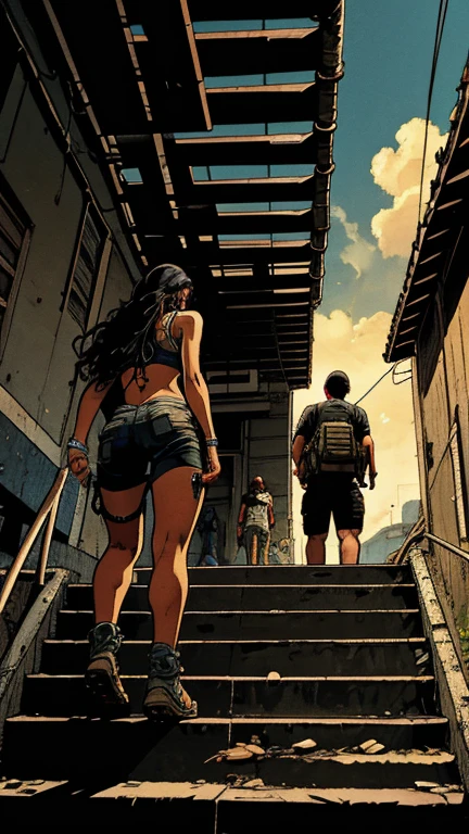 Armed Brazilian drug traffickers, climbing the stairs, people looking, Brazilian favela, vanishing point, from behind, from below, atmospheric perspective, masterpiece, super detail, high details, high quality, best quality, highres.