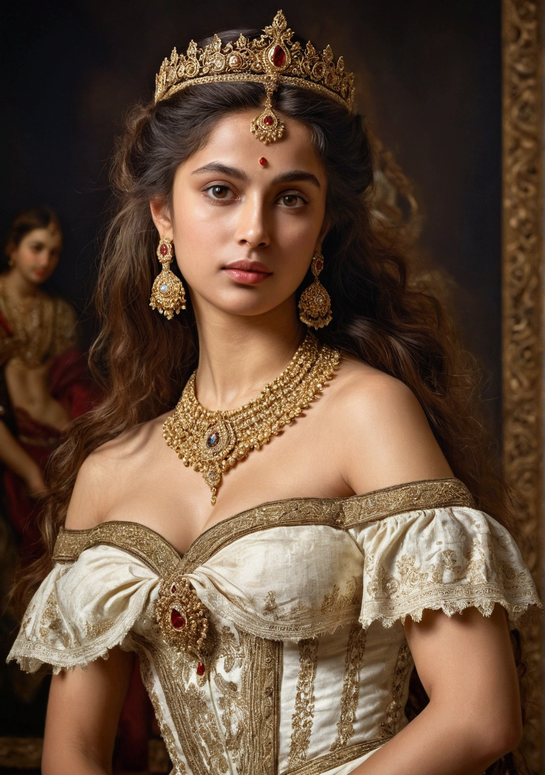 Best quality, highly detailed, masterpiece, Indian princess, Rajkanya, royal clothes, Masterpiece, extremely gorgeous woman, matchless Beauty, portrait, Peter Paul Rubens style, Woman, off shoulder bandeau crop blouse, middle ages, classicism, andrey atroshenko style, painting, long hair, styled hair, big tits, traditional media, realistic, figurative, fine art, detailed Art, oil on canvas, HDR, 8K, original character, high resolution, high detail, focus on the face, intricate, flawless, fluffy hair, Peter Paul Rubens style, By Peter Paul Rubens, sharp picture, avoid crown or mukut in picture,