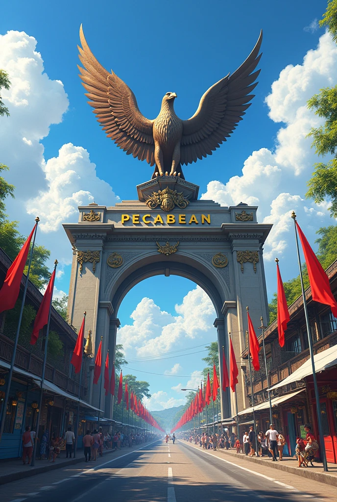  a large gate on the village road, Above it is a giant Garuda statue with its feet gripping the gate at the entrance to a village., inscribed "PECABEAN" very lively nuances of the independence of the Republic of Indonesia, full of flying red and white flags, high image resolution