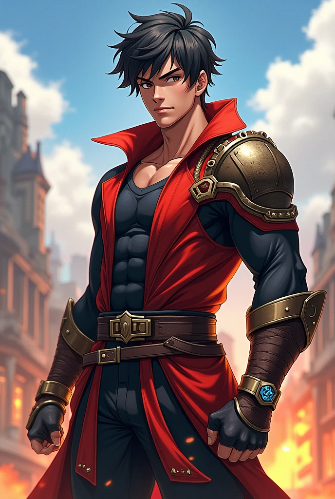 Name: Alexis "Lex" GrantAge: 25 years Physical Description: Athletic appearance with a stocky body, short and messy hair. His face shows an attitude of confidence and courage. Clothing: Wears combat clothing with additional protection, often in bright colors with an anime art style full body