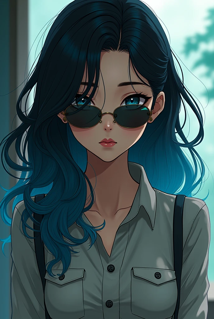 A girl in vintage clothing with long hair and a gradient of black to blue, wearing sunglasses, in a retro anime style