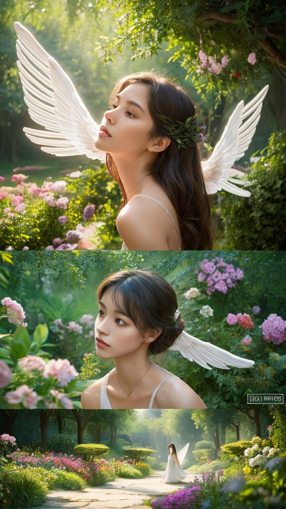 (high quality, 4k, highres, realistic:1.2), detailed and vibrant depiction of "The Angel from the In Utero album cover", with the transformation of raw flesh into a normal woman with the same body shape as the Angel. The woman should possess exquisite facial features, including beautiful detailed eyes, delicate nose, and captivating lips. She should radiate a sense of grace and softness, while retaining the ethereal aura of the original Angel. The background should showcase a surreal garden, adorned with vibrant flowers and lush greenery. The scene should be bathed in soft, ethereal lighting, casting gentle shadows and highlighting the woman's ethereal beauty. The artwork should be rendered in a medium that combines the depth and texture of classical oil paintings with the vividness and precision of digital art. The colors and tones should reflect the melancholic essence of the In Utero album, with a mixture of muted grays, blues, and hints of warm sepia. The final image should be visually stunning and evoke a sense of awe and contemplation, capturing the essence of the Angel's divine presence.