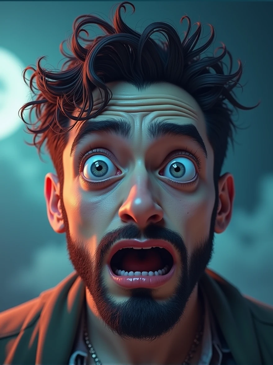 a man with a surprised look on his face, behance, pop surrealism, 3 d epic illustrations, sad emoji, huge-eyed, sad scene