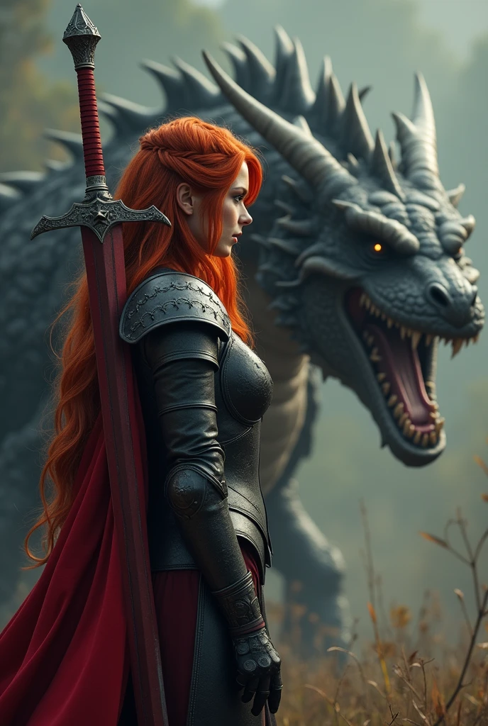 photorealistic image of a woman, ultrarealistic, photography, long red hair, woman, 24 years old, hourglass figure, perfect body, Flirty look, natural medium breasts, black metal armor, big red claymore sword on her back, fighting against a dragon (Maia:1), wide shot, cinematic shot, she is raising her sword, she is standing opposite of the dragon, the dragon is roaring 