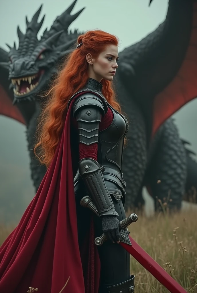 photorealistic image of a woman, ultrarealistic, photography, long red hair, woman, 24 years old, hourglass figure, perfect body, Flirty look, natural medium breasts, black metal armor, big red claymore sword on her back, fighting against a dragon (Maia:1), wide shot, cinematic shot, she is raising her sword, she is standing opposite of the dragon, the dragon is roaring 