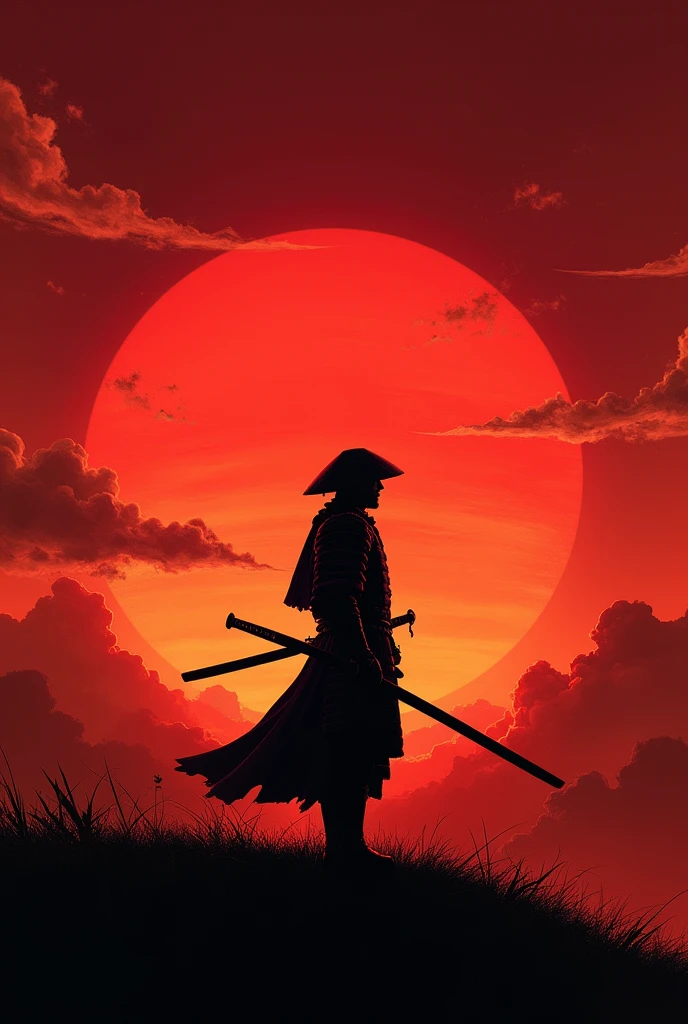 Create a wallpaper showing a samurai from behind and a red sunset in the background