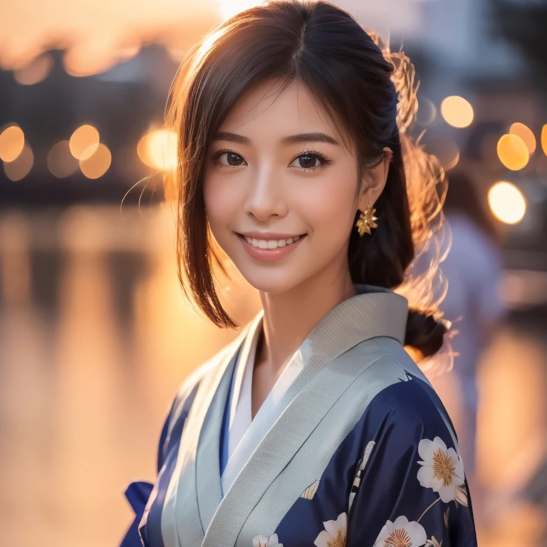 (((Highest quality, 8k, masterpiece))), Sharp focus, (Beautiful woman with perfect figure), thin, (Hairstyle: superior)), ((kimono: Cane)), street: 1.2 非常に詳細な顔と肌の質感 詳細な目 double eyelid ランダムな姿勢, (smile),ssuperiorer cute Japan person,ssuperiorer beauty Japanese girl, Realistic Face, double eyelid,smile,Summer festival , At sunset ,Fireworks Background.