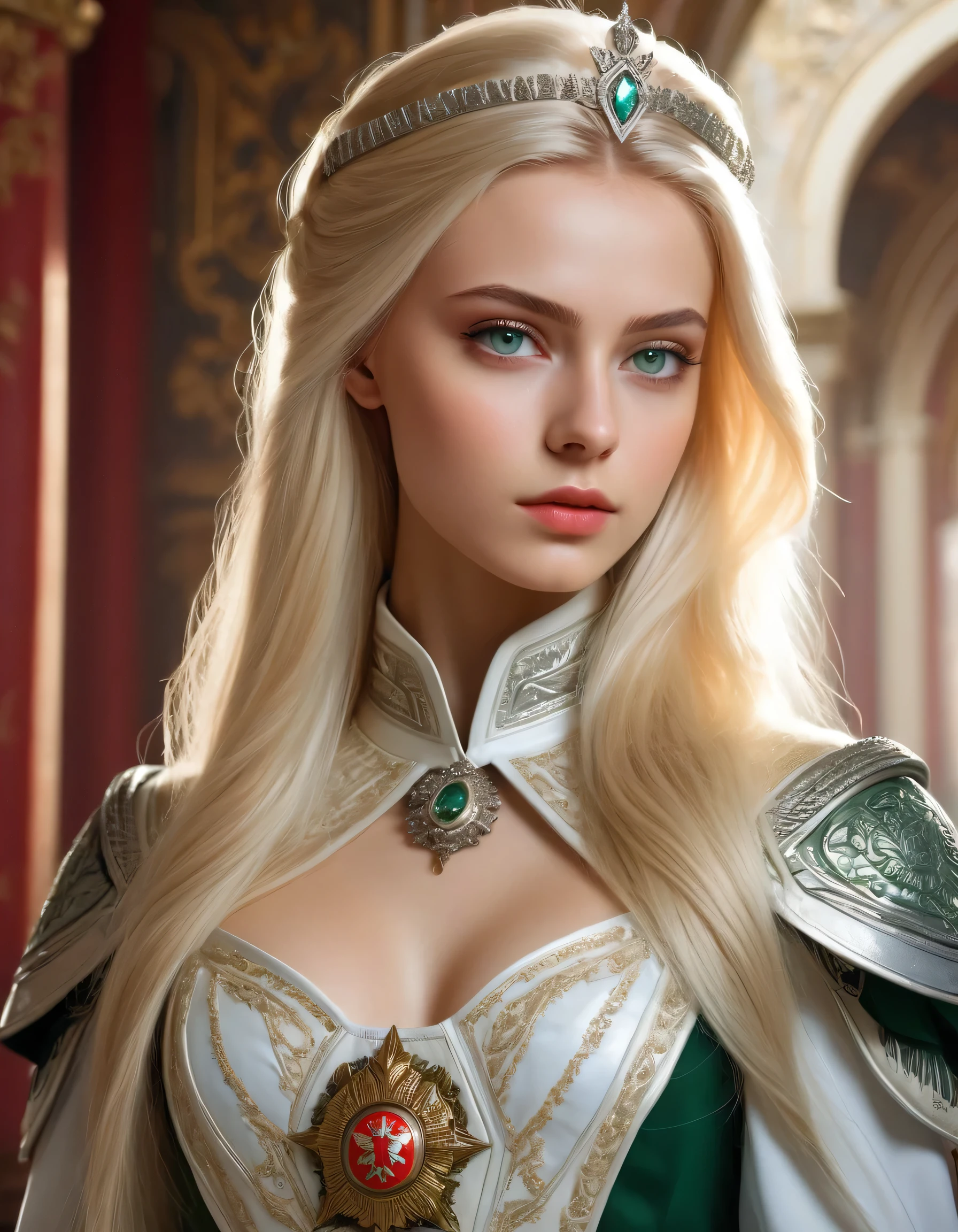 very attractive 25 year old girl with long platinum blonde hair, strict woman, sharp features, Slavic phenotype, brown green eyes, palace background, Russian Imperial Military Uniform, portraite, 19th-century, 真实感, sci-fi elements, standing, (perfect hands, Perfect Anatomia), 超detailded, textura de pele realista, shining skin, tall girl, (perfect hands, Perfect Anatomia), digitl art, wall-paper, ultra high resolution, (photorrealistic:1.4), looking ahead at viewer, cinematic, very realistic