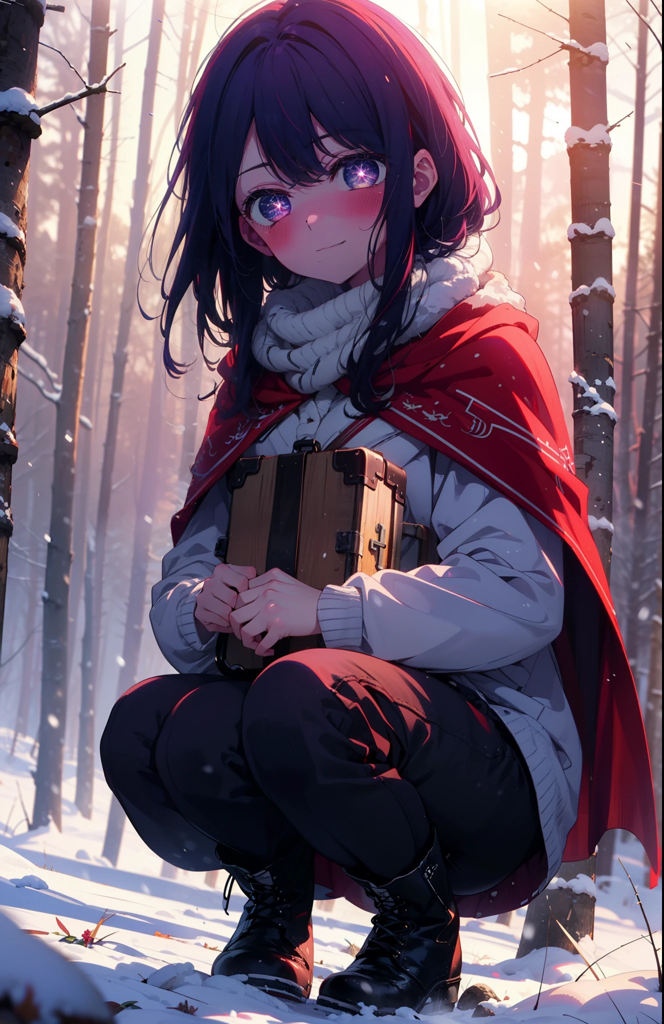 aihoshino, Ai Hoshino, Long Hair, bangs, (Purple eyes:1.1), Purple Hair, (Symbol-shaped pupil:1.5), smile,,smile,blush,white breath,
Open your mouth,snow,Ground bonfire, Outdoor, boots, snowing, From the side, wood, suitcase, Cape, Blurred, , forest, White handbag, nature, Squat, Mouth closed, Cape, winter, Written boundary depth, Black shoes, red Cape break looking at viewer, Upper Body, whole body, break Outdoor, forest, nature, break (masterpiece:1.2), Highest quality, High resolution, unity 8k wallpaper, (shape:0.8), (Beautiful and beautiful eyes:1.6), Highly detailed face, Perfect lighting, Highly detailed CG, (Perfect hands, Perfect Anatomy),