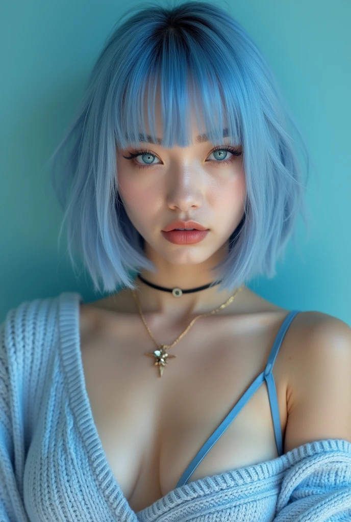 (Best quality, 8k, 32k, Masterpiece, UHD:1.2),Photo of Pretty 18 teen american woman, large breasts, very short bob hair,upper body,face focus,(oversized_sweater,:1.1) necklace, background, looking at viewer, leaning forward, (((blue hair with sliver bangs))), (((vibrant light blue eyes))) (((award winning detail)) ((avatar makeup and popstar clothes)))