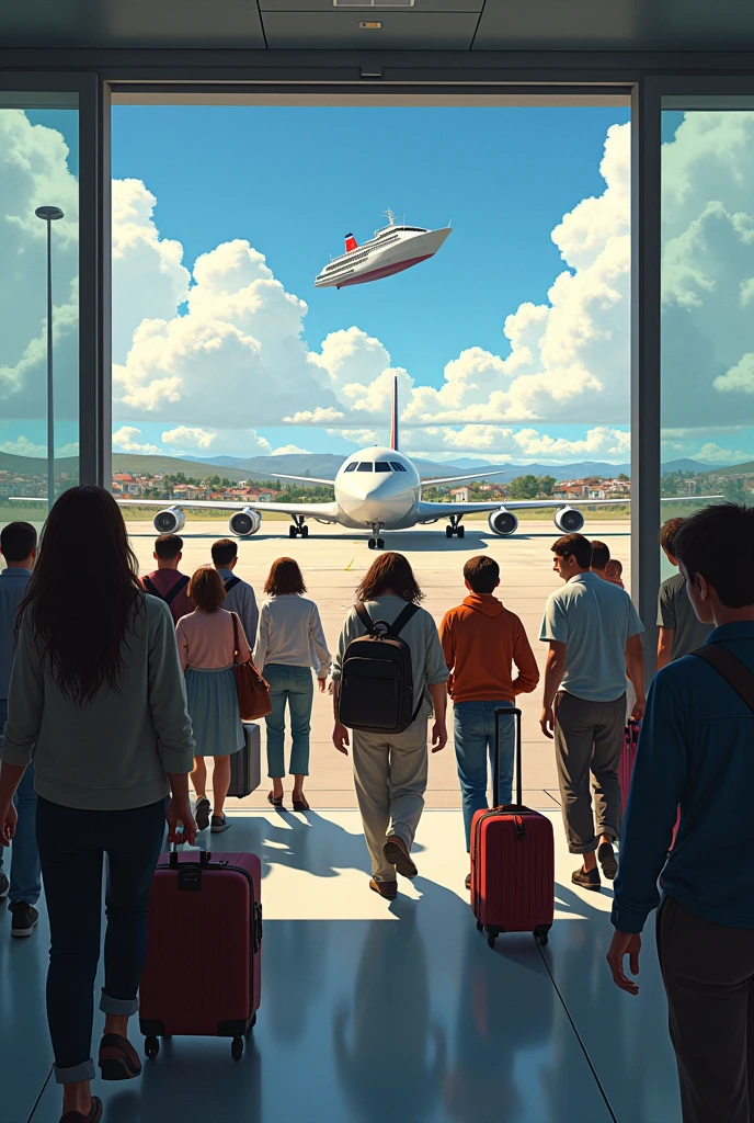 A picture in which people are leaving the airport, the ship is going from above, there are many people also who are leaving their original homes