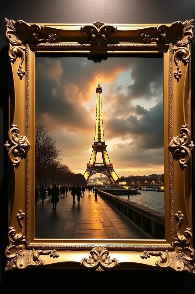 It is a framed photograph of the Eiffel Tower.
The photo frame is gold colored, embroidered with laurel eye figures. The photograph itself shows us a rather cloudy night., to the acclaimed and popular tower which can be seen in the distance lit up with a golden light. Also in this image you can see several passersby and a portion of the Seine River in the right corner..