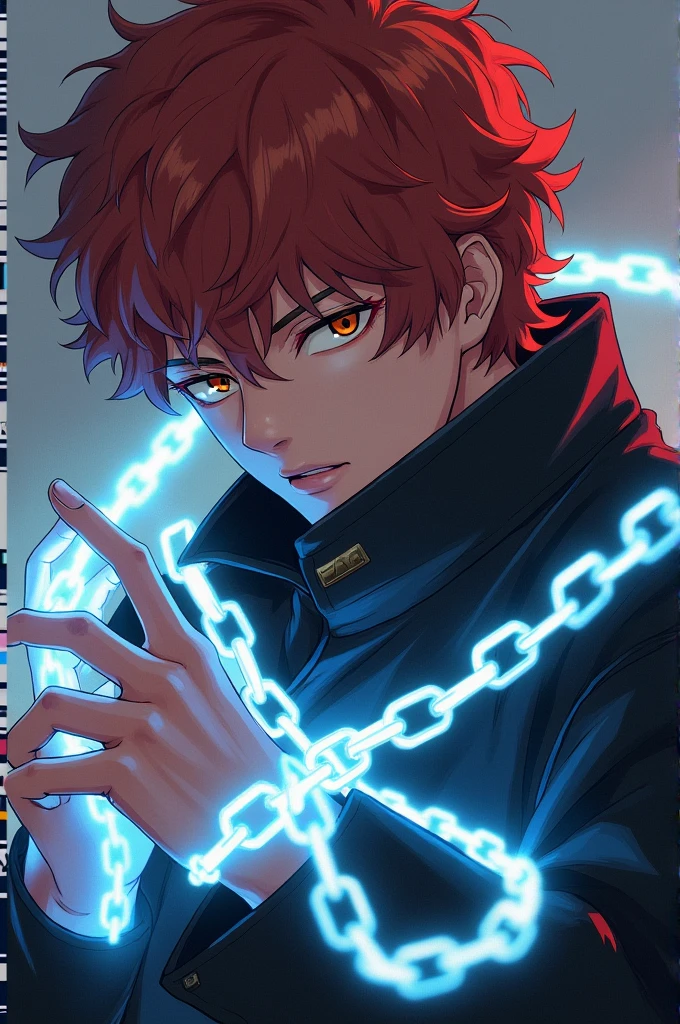 A black anime guy with curly hair that is light red a like brown and he has a black jacket on with glowing white chains around his hands