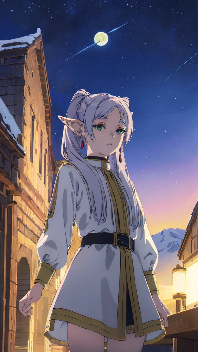 (masterpiece, Highest quality, Highly detailed illustration, 8K Ultra HD), Freezing, Green Eye, Fairy, Pointed Ears, Gray Hair, hair ornaments, Earrings, skirt, Thighs, View your viewers, Have a magic wand, Dynamic pose, Flat Chest, Clear, beautiful eyes, Cowboy Shot, Night Sky, moon, Flowing stars々