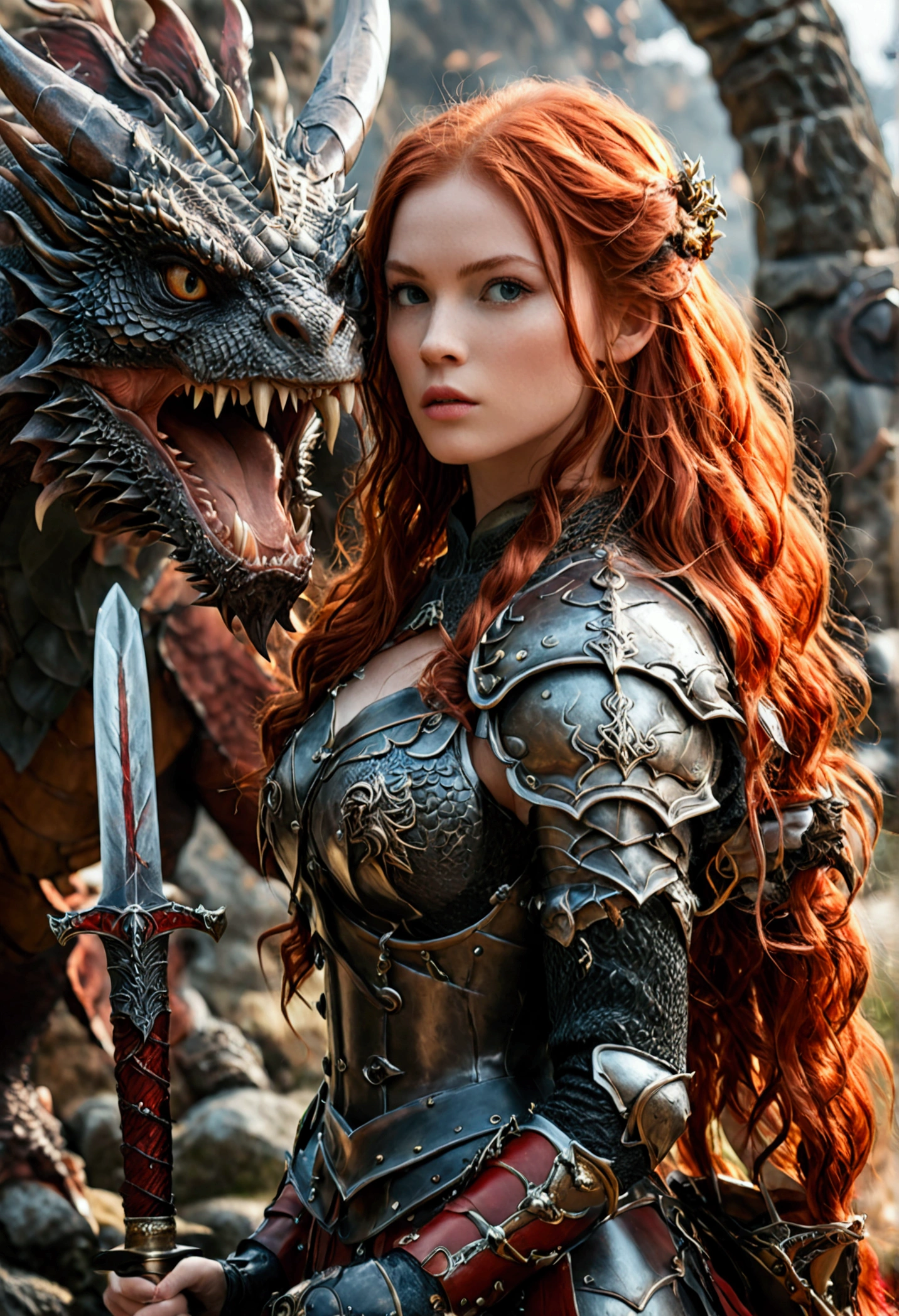 (full body shot:1) photorealistic image of a woman, ultrarealistic, photography, long red hair, woman, 24 years old, hourglass figure, perfect body, Flirty look, natural medium breasts, black metal armor, big red claymore sword on her back, fighting against a dragon, wide shot, cinematic shot, she is raising her sword, she is standing opposite of the dragon, the dragon is roaring