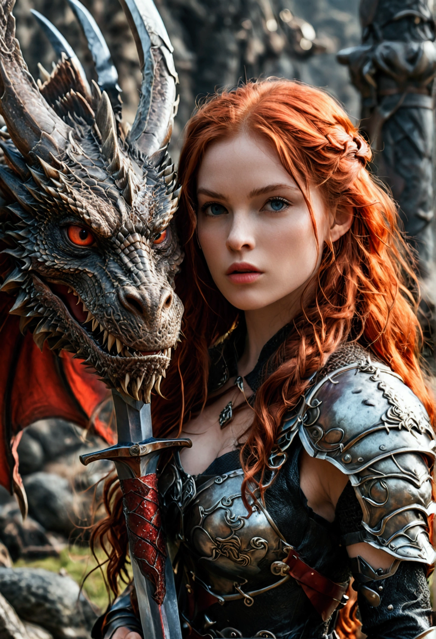 (full body shot:1) photorealistic image of a woman, ultrarealistic, photography, long red hair, woman, 24 years old, hourglass figure, perfect body, Flirty look, natural medium breasts, black metal armor, big red claymore sword on her back, fighting against a dragon, wide shot, cinematic shot, she is raising her sword, she is standing opposite of the dragon, the dragon is roaring