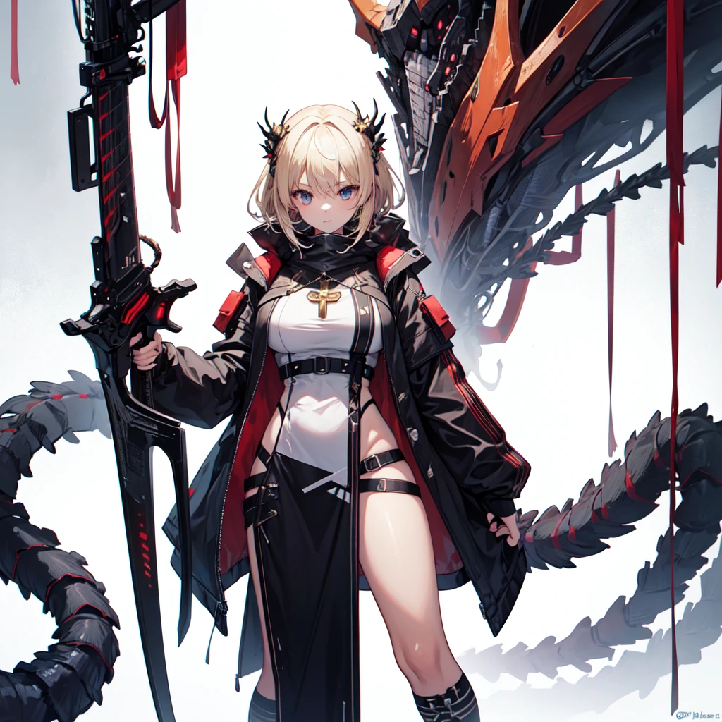 (Tabletop, Highest quality), (Perfect female body:1.2), Very detailed, Anime Style, alone, Priestess in cyber dress、With a huge sword, Cyberpunk Ninja Girl, Ash Blonde Hair, A giant, branched centipede tail,, White Background, whole body. Standing in the Wilderness