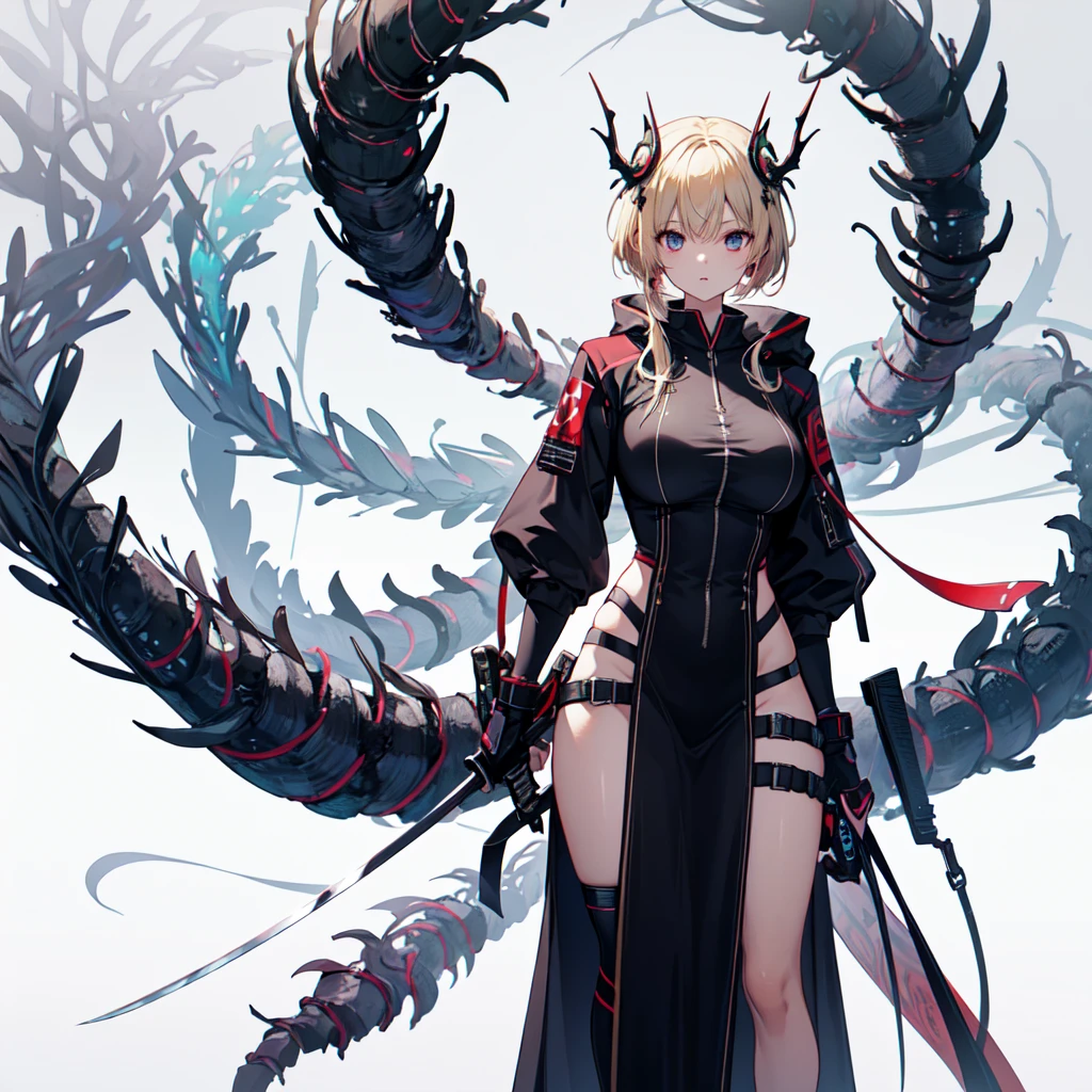 (Tabletop, Highest quality), (Perfect female body:1.2), Very detailed, Anime Style, alone, Priestess in cyber dress、With a huge sword, Cyberpunk Ninja Girl, Ash Blonde Hair, A giant, branched centipede tail,, White Background, whole body. Standing in the Wilderness