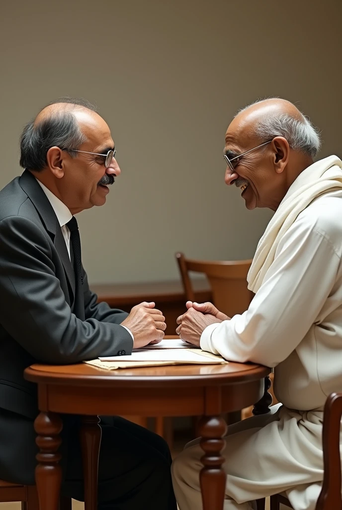 Real picture of Muhammad Ali Jinnah and Gandhi sitting on a table and talking to each other 



