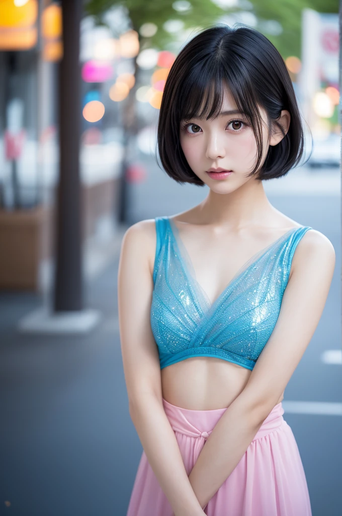 A beautiful Japanese girl is depicted。She has short black hair、Big eyes are characteristic.。The background is a fantastic color scheme based on pink and blue.、Floating spheres are placed throughout、It creates a futuristic and dreamy atmosphere.。
The beautiful girl is wearing a top made of thin, semi-transparent fabric.、The delicate sheen is reflected on the costume.。Posing with one hand on the floor、With your body leaning slightly backwards、Relaxed but looking straight into the camera、It emphasizes her presence。
As a photographic technique、It was shot in portrait mode.、By skillfully using light reflection and background bokeh effects,、It gives depth and dimension.。The overall use of soft light、Colorful bokeh in the background blends in、It beautifully expresses the ultra-realistic, live-action fantasy world.。