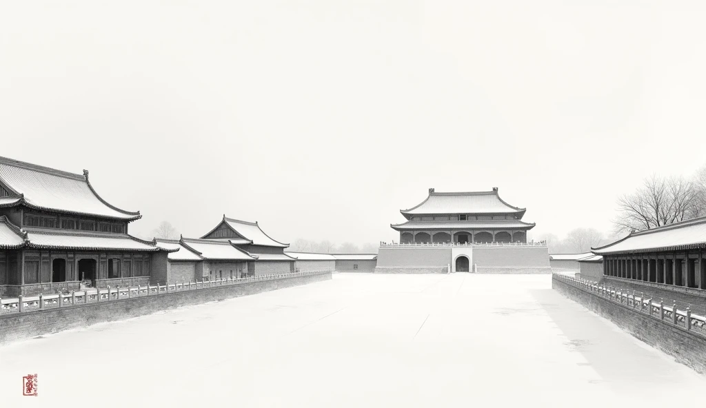 Chinese style ink painting,Pointillism、Texture Matte、Chen Jialing、Large blank space composition,HD 16k Forbidden City view,Snow Scene、Smooth building structure,level,White primary color,Elegant