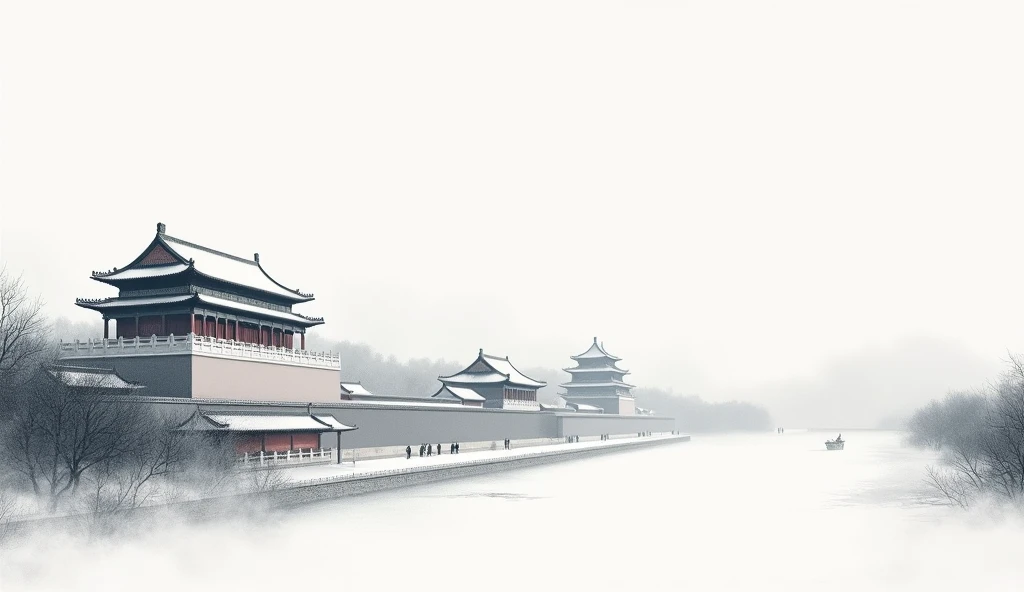 Chinese style ink painting,Pointillism、Texture Matte、Chen Jialing、Large blank space composition,HD 16k Forbidden City view,Snow Scene、Smooth building structure,level,White primary color,Elegant