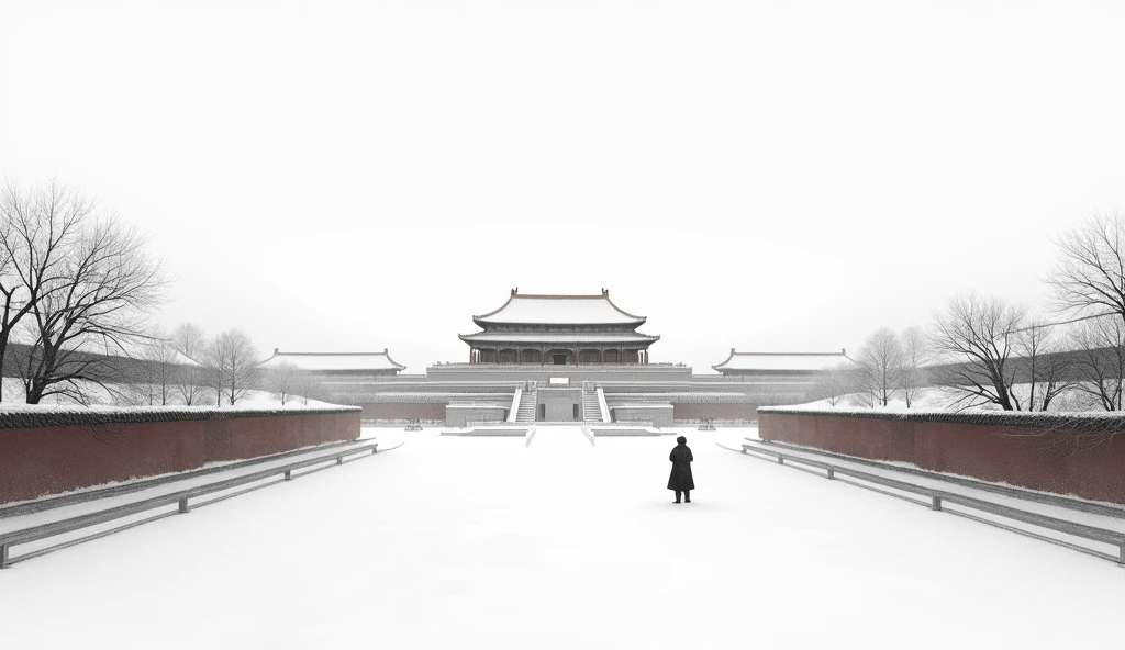 Chinese style ink painting，Pointillism、Texture Matte、Chen Jialing、Large blank space composition，HD 16k Forbidden City view，Snow Scene、Smooth building structure，level，White primary color，Elegant