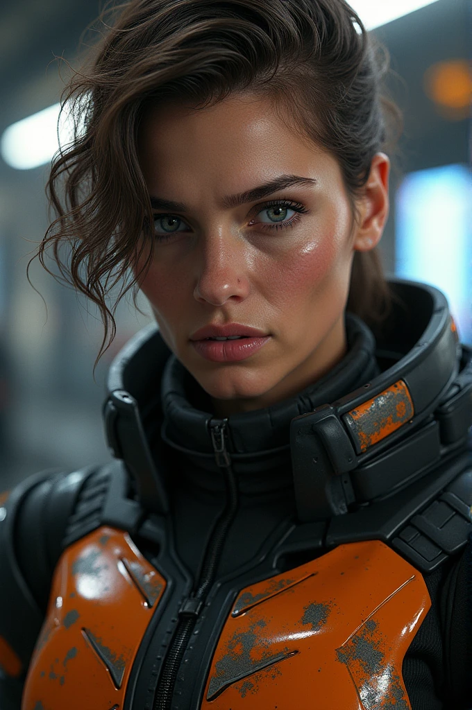 Actor Adèle Exarchopoulos wearing the black and orange armor from the game Star Citizen. Hyper realistic. Best lighting
