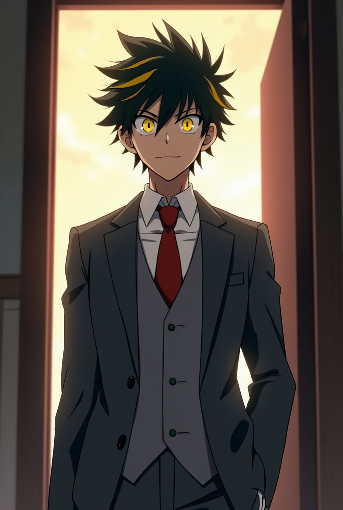 Boku no hero academia screenshot, Attractive man, black hair boy with yellow streaks, bright yellow eyes, big, slanted eyes, with a calm expression, grey uniform and red tie, muscular,standing at the door listening to music, from the perspective of the front. 