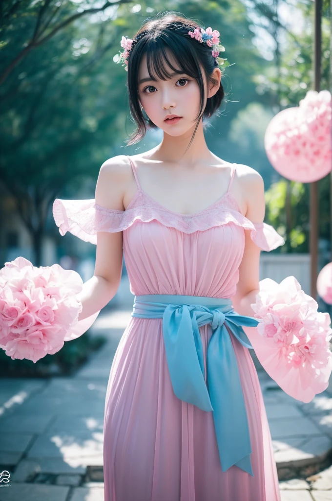 A beautiful Japanese girl is depicted。She has short black hair、Big eyes are characteristic.。The background is a fantastic color scheme based on pink and blue.、Floating spheres are placed throughout、It creates a futuristic and dreamy atmosphere.。
The beautiful girl is wearing a top made of thin, semi-transparent fabric.、The delicate sheen is reflected on the costume.。Posing with one hand on the floor、With your body leaning slightly backwards、Relaxed but looking straight into the camera、It emphasizes her presence。
As a photographic technique、It was shot in portrait mode.、By skillfully using light reflection and background bokeh effects,、It gives depth and dimension.。The overall use of soft light、Colorful bokeh in the background blends in、It beautifully expresses the ultra-realistic, live-action fantasy world.。