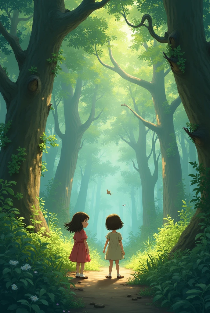 Like My Neighbor Totoro, in a big forest, a small sister and a slightly bigger sister