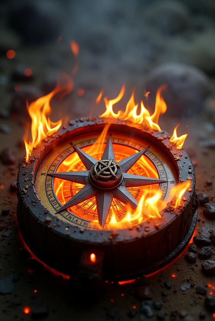 Compass burning in flames with witch&#39;s knot symbol