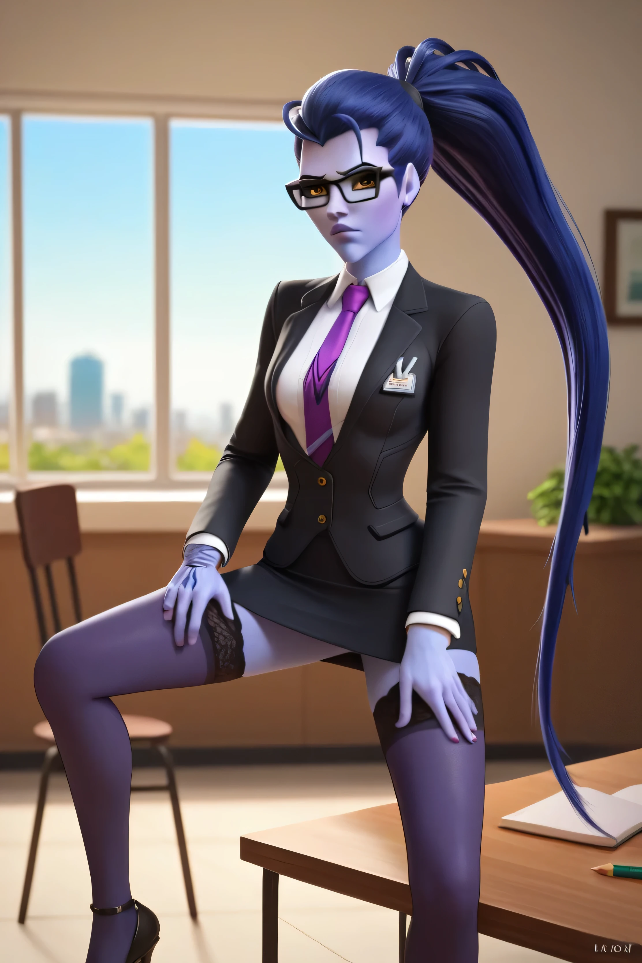 score_9, score_8_up, score_7_up, BREAK, 1girl, solo, widowmaker \(overwatch\), glasses, ponytail,skirt suit, (((three-piece suit))), (((dress shirt))), (((purple necktie))), (((blazer))), (((suit jacket))), (((waistcoat))), double-breasted waistcoat, (((bodycon pencil skirt))), (((stockings))), high heels, pocket square, cufflinks, tie clip, tight clothing, formal clothing, looking at viewer, annoyed, depth of field, indoors, window, depth of field, blue skin